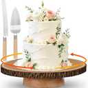 Rotating Cake Stand 12" Wood Cake Stand with Cake Cutting Set,Rustic Wooden Cake Stands for Party/Wedding/Baking Gifts/Event/Cake Turntable for Decorating