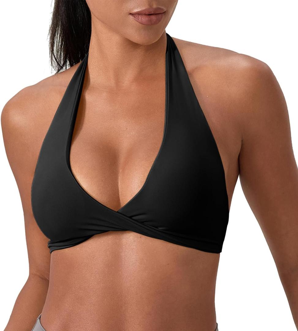 Yuerlian Workout Sports Bras for Women V-Neck Twist Padded Open Back Wireless Gym Yoga Low Impact Bra (Medium, Black)