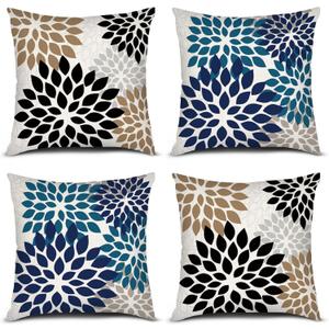 PICKFORU Blue Brown Throw Pillow Covers 18x18 Inch, Set of 4 Flower Dahlia Geometric Patterns Pillow Covers Modern Floral Pillowcases for Home Decor