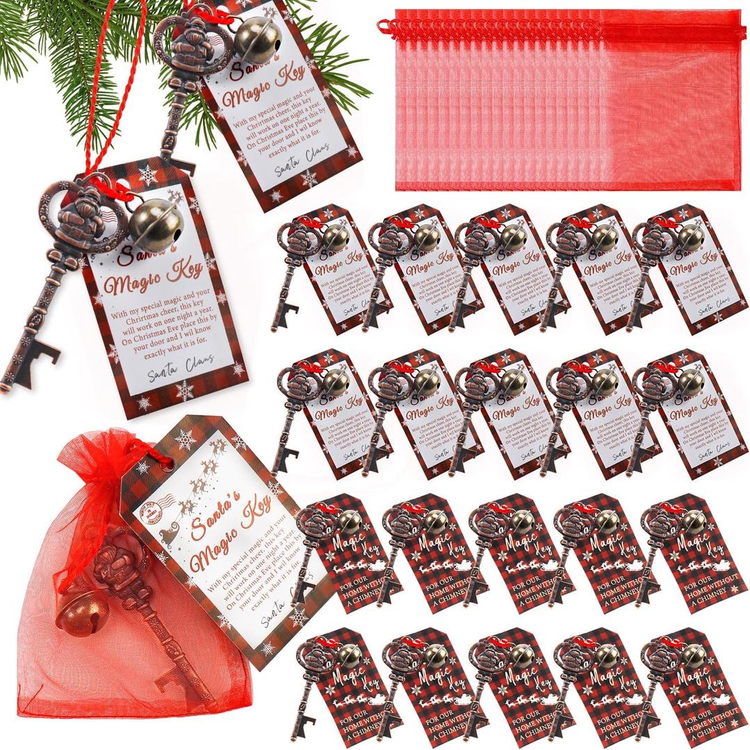 20 Set Christmas Santa Key Ornament for No Chimney Houses Vintage Metal Skeleton Charm Santas Magic Key with Santa Claus Card and Red Organza Bags for Christmas Tree Party Decoration