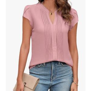 Womens Blouses Dressy Causal V Neck Pintuck Short Petal Sleeve Business Tops Ladies Summer Trendy Work Shirt, L