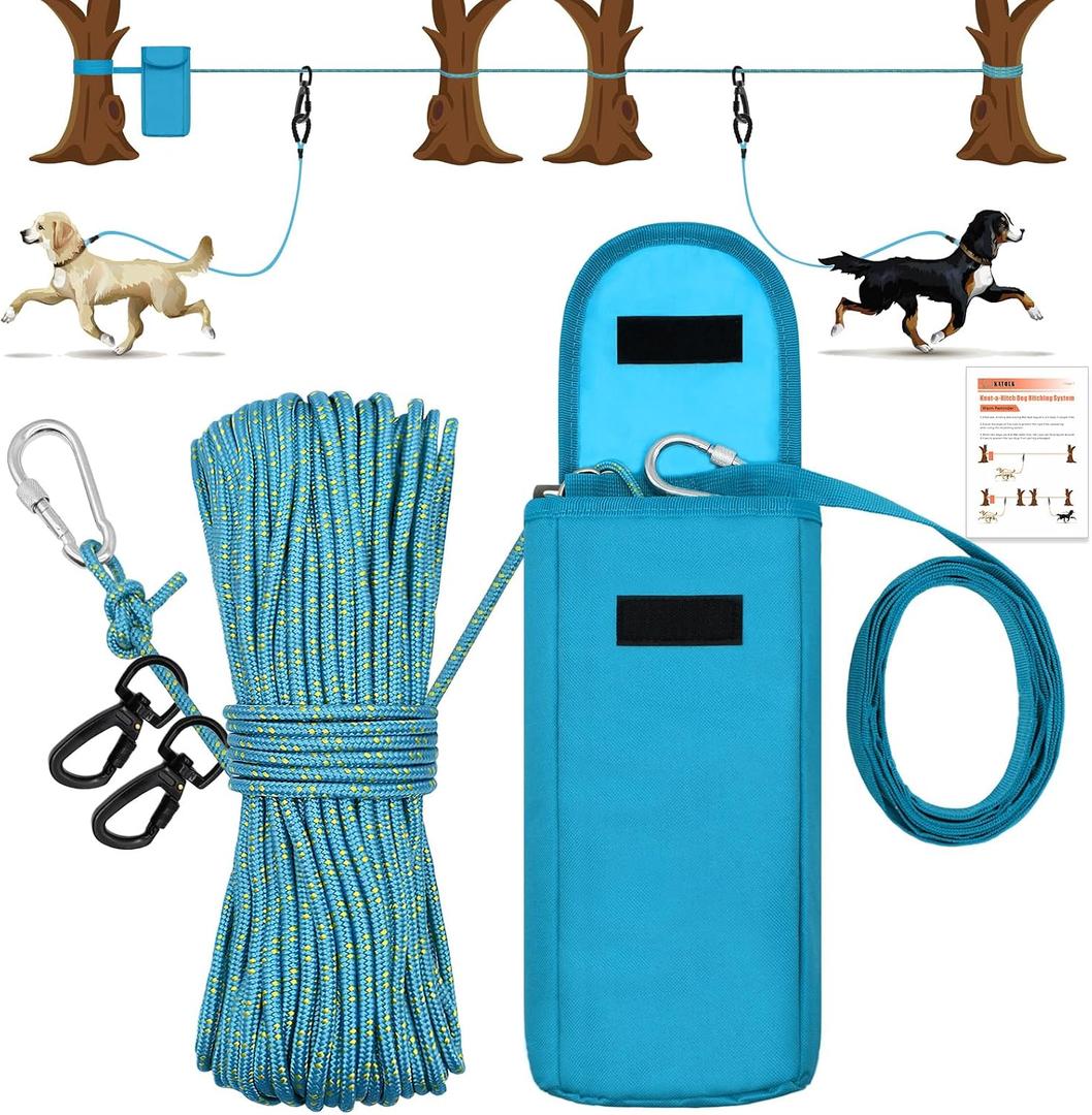 Upgraded Dog Tie Out Cable for Camping, 100FT Portable Trolley System for 2 Dogs, Knot-a-Hitch Dogs Hitching System up to 250lbs, Dog Runner for Yard Camping Training Running Hiking Outdoor