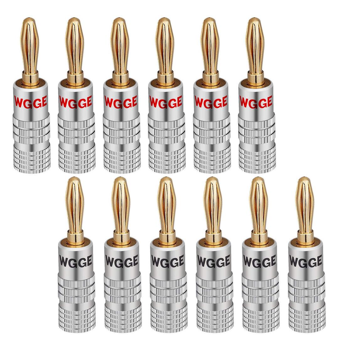 WGGE WG-009 Banana Plugs Audio Jack Connector, 24k Gold Dual Screw Lock Speaker Connector for Speaker Wire, Wall Plate, Home Theater, Audio/Video Receiver and Sound Systems (6 Pairs / 12 pcs)