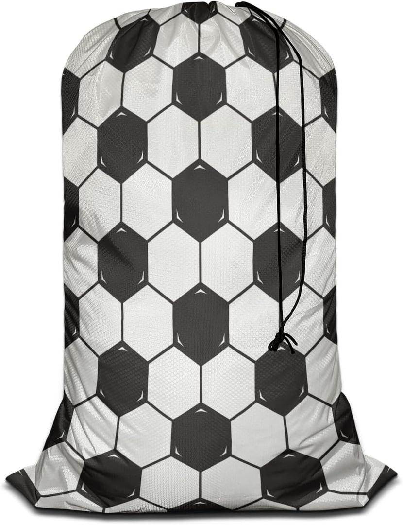 Swono Football Texture Laundry Bags with Locking Drawstring Closure for Travel, Home, Camping and Gym The Model With Black White Soccer 28" x 40", Oxford Cloth