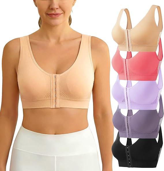 5-Pack Front Closure Bras Set After Mastectomy Breathable Post Surgery Sport Minimizer Bra Push Up Compression Anti Sagging Wireless No Underwire Bralettes for Gril Women Lady - XL