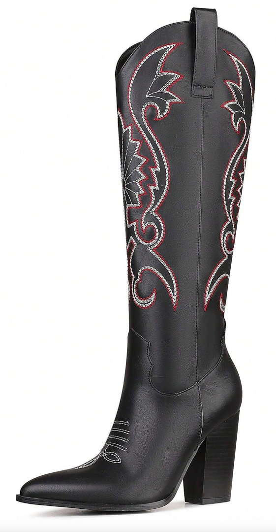 Women Western Knee High Boots Embroidered Chunky Block Heel Cowboy Boots Pointed Toe Pull on Cowgirl Boots (8.5, Black)