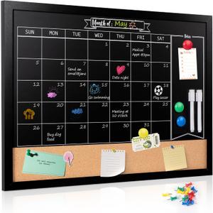 Board2by Monthly Chalkboard Calendar & Cork Board for Wall, 18" x 24" Magnetic Chalk Calendar Board Combo Board, Hanging Wood Frame Combination Board Blackboard with Pens for Office, School, Home