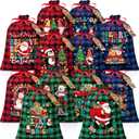 12 PCS Burlap Christmas Drawstring Gift Bags, 12x16in Buffalo Plaid Xmas Gift Bags w/Tags, Cotton Fabric Goody Gifts Treat Bag Xmas Sacks Large Reusable Gifts Wrapping Bag for Holiday Party Favors (Red, Green & Blue Black)