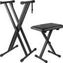 Keyboard Stand Piano Bench Set, Double X Adjustable Keyboard Stand Piano Stand with Lockable Straps, (Piano Keyboard Stand x 1, Piano Bench x 1), (7 Adjustable Heights), Black