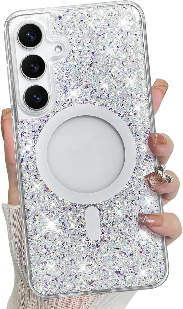 Bonoma for Samsung Galaxy S25 Plus Case, Sparkly Glitter Bling Back, Magnetic Support for MagSafe Shockproof Case, Crystal and Clear High-Duty Protection for Phone Case -Crystal