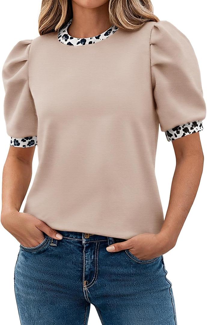 Tankaneo Womens Puff Short Sleeve Tops Summer Dressy Casual Crew Neck Work Blouses 2026 Leopard Loose Fit T Shirt (Beige, L)