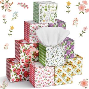 Fourluoo 10 Pack Flower Facial Tissues Cube Face Boxes 600 Sheets 3 Ply