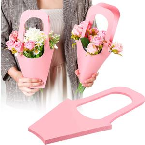 Sabary 24 Pcs Kraft Paper Flower Gift Bags Bouquet Bags with Handle Flowers Wrapping Gift Packaging Wrap Tote for Valentines Florist Wedding Party Home Decoration(Pink)