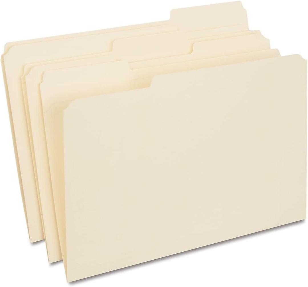 Staples Reinforced File Folders, Legal Size, 1/3Cut Tabs, Assorted Positions, Manila, HeavyDuty Paper Stock, 100/Pack