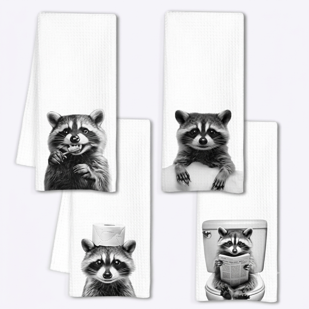 INDAJEDN Cute Raccoon Gifts Hand Towels for Bathroom Set of 4, Raccoon Bathroom Decor, Funny Raccoons Hand Towels, Funny Cabin Decor, 16x24 Inch
