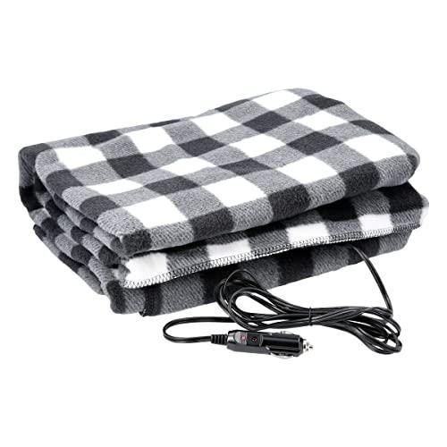Heated Car Blanket - 12V Electric Travel Blanket for Car, Truck, SUV or RV - Portable Heated Throw for Road Trips, Camping or Winter Emergency Kit for Cold Weather Travel by Stalwart (Black Plaid)