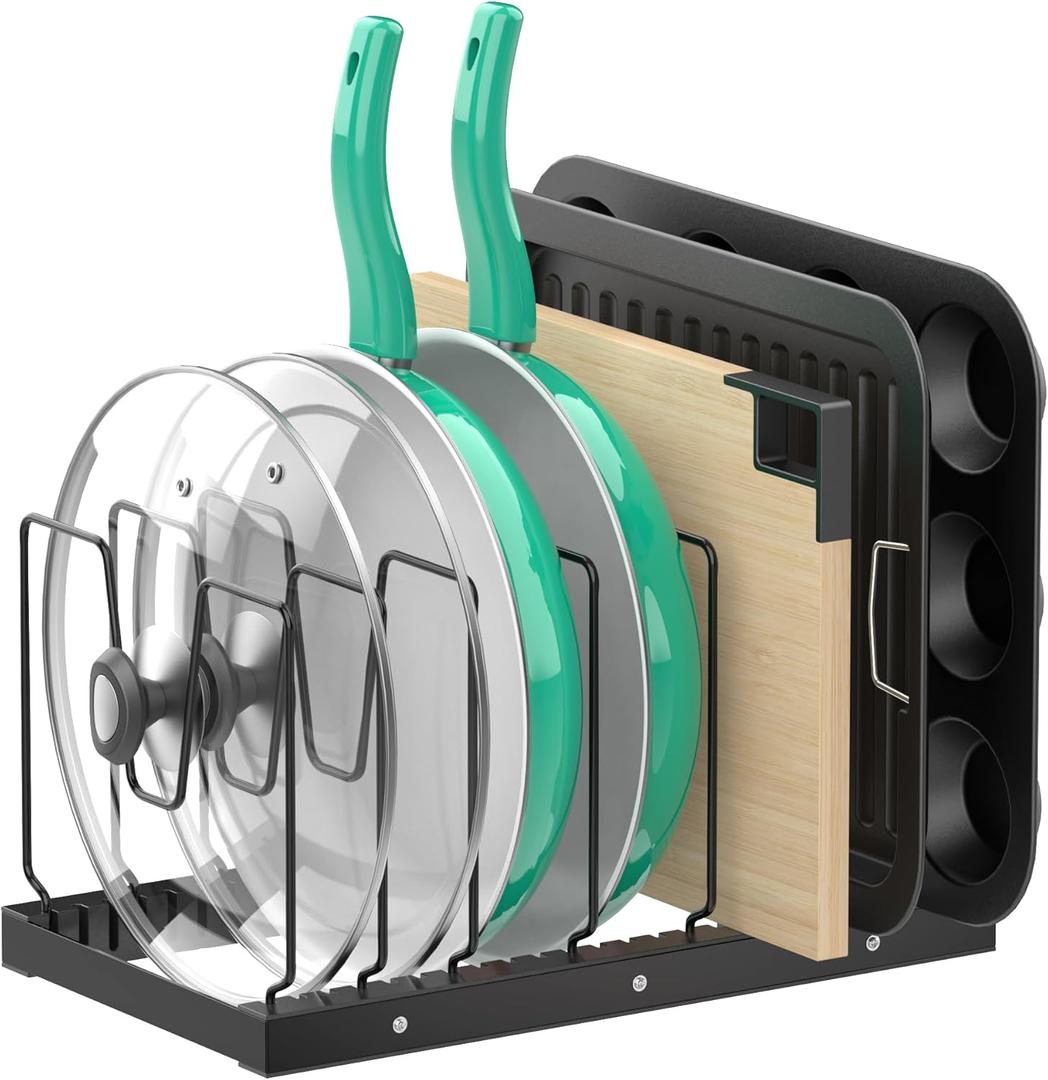 Pot Lids Organizer Rack for Cabinet and Countertop,Lid Organizer with 8 Adjustable Compartments, Perfect to Store Pots, Pans, Lids, Cutting Board, Bakeware Organizer Rack