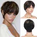 Pixie Cut Wig Human Hair for Black Women Glueless Short Wig with Bangs, None-Lace, Beginner-Friendly, Ready to Wear, Easy to Style - Black with Blonde Highlights