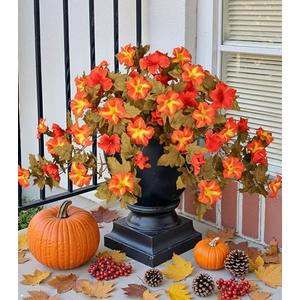 Pack of 2, HyeFlora Artificial Fall Flowers for Outdoors Decoration 2PCS Autumn Faux Morning Glory Look Real Silk Flowers for Outside Planter UV Resistant Fake Flowers for Home Garden Balcony Yard Porch Deco