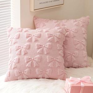 Pink Bow Pillow Covers Set of 2, Valentines Throw Pillow Covers 18 x 18 Inch, Decorative Pillow Cover, Soft Plush 3D Bow Couch Pillow Cover, Cute Anniversary Wedding Cushion Case for Sofa Couch Decor