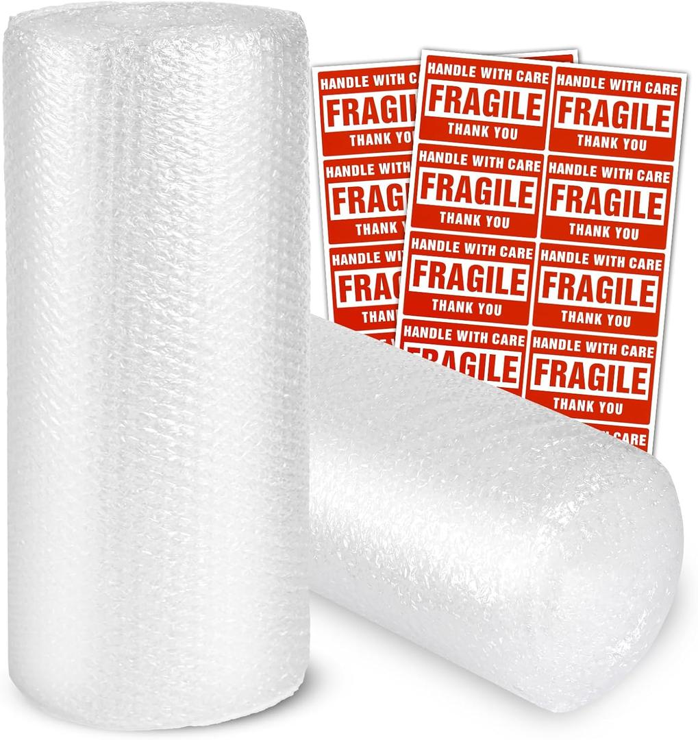 2-Pack Bubble Cushioning Wrap Rolls, 3/16" x 8" x 72' ft Total [2 Rolls of 36 Feet], Perforated 12" 20 Fragile Stickers for Shipping, Packaging, Mailing (Clear)