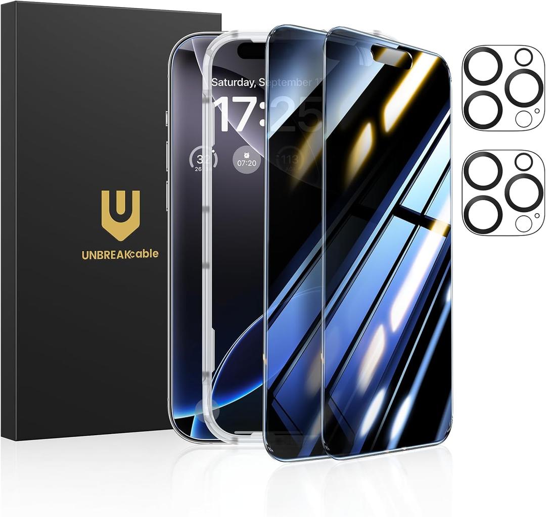 UNBREAKcable Privacy Screen Protector for iPhone 16 Pro (6.3-Inch), 2-Pack + 2 Lens Protectors｜25° Anti-Spy｜9H Hardness｜Anti-Fingerprint｜HD Clarity Tempered Glass