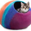 Woolygon Premium Felt Cat Cave Bed Wool Kitty Beds Handcrafted Kitten Caves Bed for Indoor Cats - Made from Merino Wool, Foldable Cat Hideaway Covered Cat House Pod (Rainbow Twist)