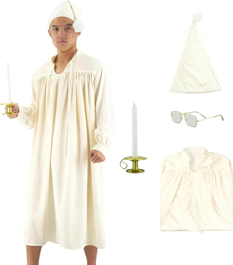 5 Pcs Men's Pajama Set Adult Nightshirt Night Sleeping Cap Gloves Candle Holder and Candle for Halloween Christmas (3X-Large, Beige-white)