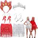 6 Pcs Halloween Fire and Ice Cosplay Costume Accessories Included Red Silver Earrings Headband Sequin Tassel Skirt Wrap for Halloween Party Cosplay Costume