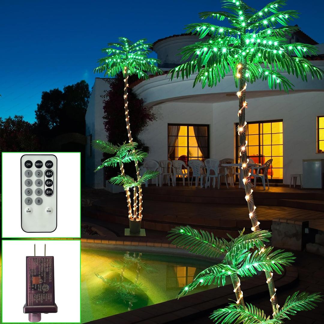 7FT Lighted Artificial Palm Tree with Three Trunks and 260 LED Lights - Ideal for Outdoor/Indoor Use, Perfect for Tiki Bars, Patios, Homes, Offices, Beaches, Yards Pool, and Cruise Party