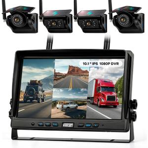 4 Solar Magnetic Wireless Trailer Camera System, 10.1" IPS DVR Screen + Solar Powered Night Vision Rear Camera, 100% No Wiring Waterproof Backup Camera System for RV Truck Trailer Hitch