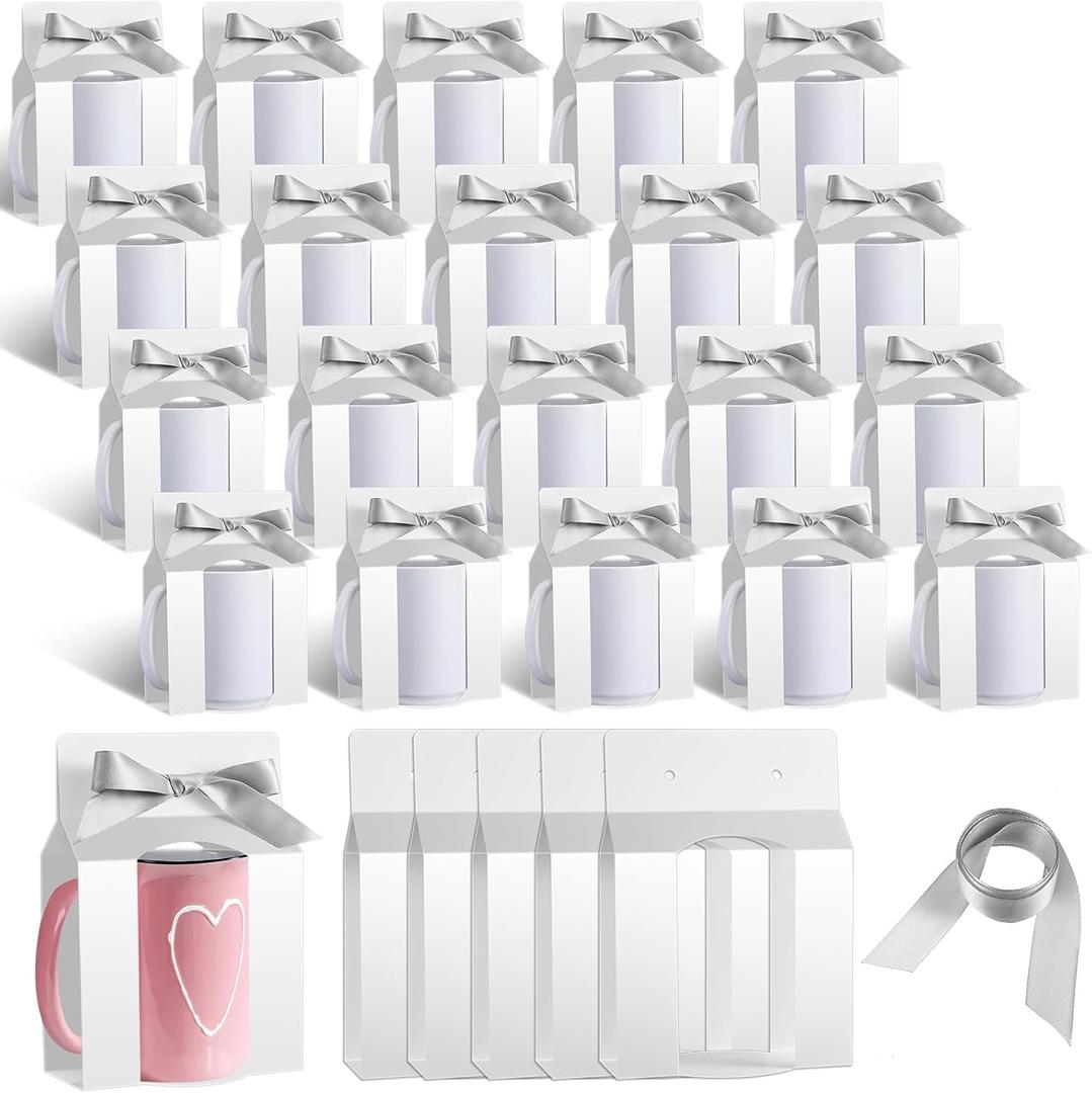 Kosiz 36 Pcs Mug Boxes Sublimation Coffee Mugs Gift Bags with Window Packaging Storage Box for Shipping Selling Chirstmas Gift Packaging Wrapping(for 15oz Mug,White, Silver)