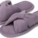 Enteer Women's Corduroy Bow Memory Foam Slippers, Open Toe Cross Band Non-Slip Indoor Outdoor House Slippers