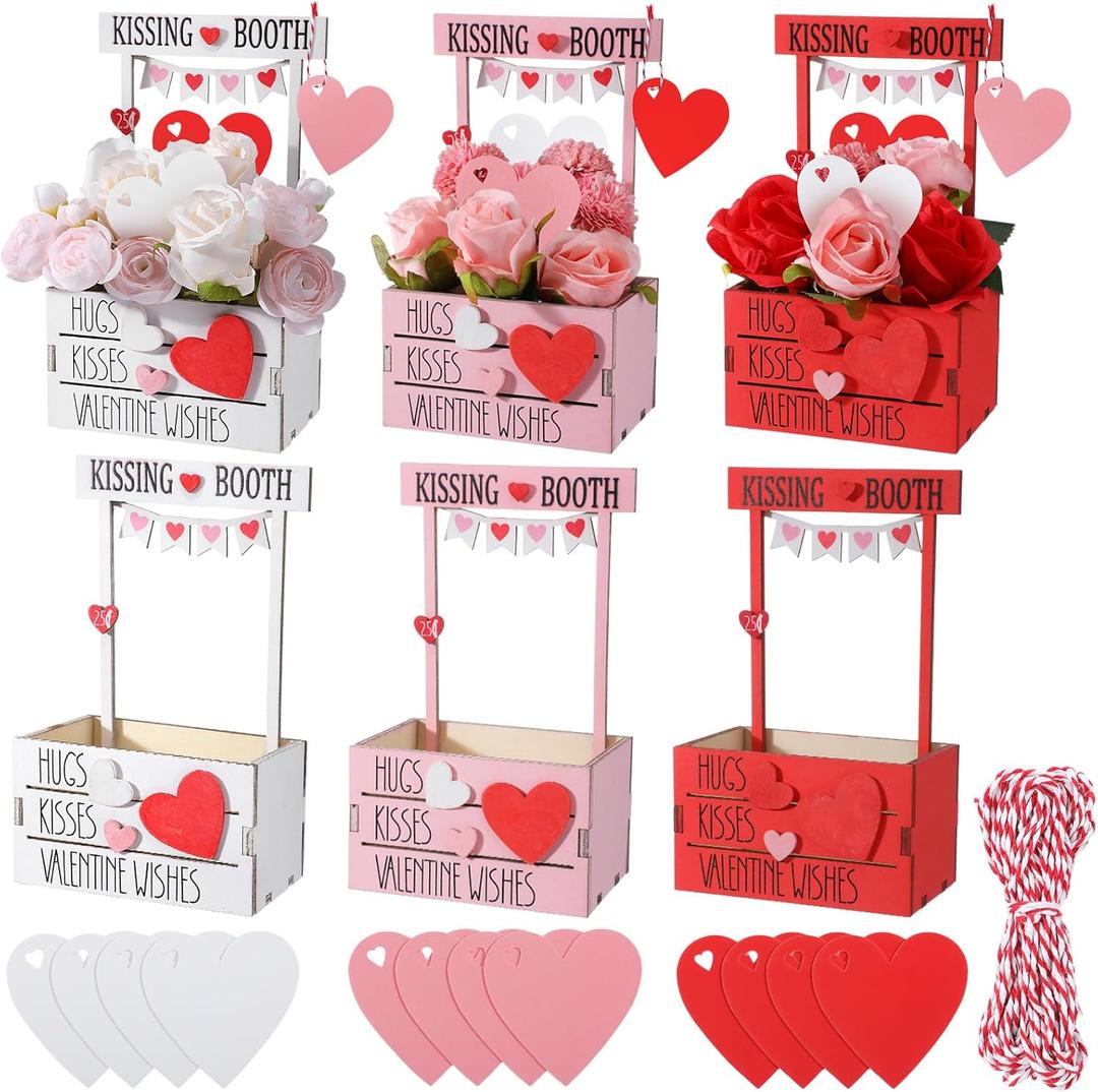 Jaloro 6 Set Valentine Kissing Booth Stand Sign Table Decoration Valentine Wood Box with Love Cards, Red and White Rope for Festival Home Office Kitchen Farmhouse Party Decor