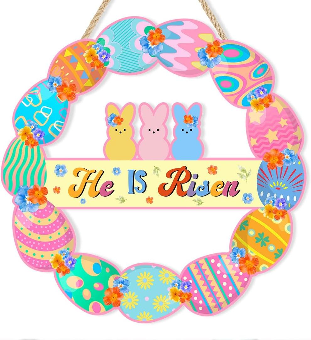 Pink Happy Easter Wreaths for Front Door Peeps Decorations for home Sign Easter Eggs Decor Wooden Wall Decor for Home Office Bathroom Bedroom Living Room Door Wall Party Supplies 10x10x0.12 inches (Risen3)