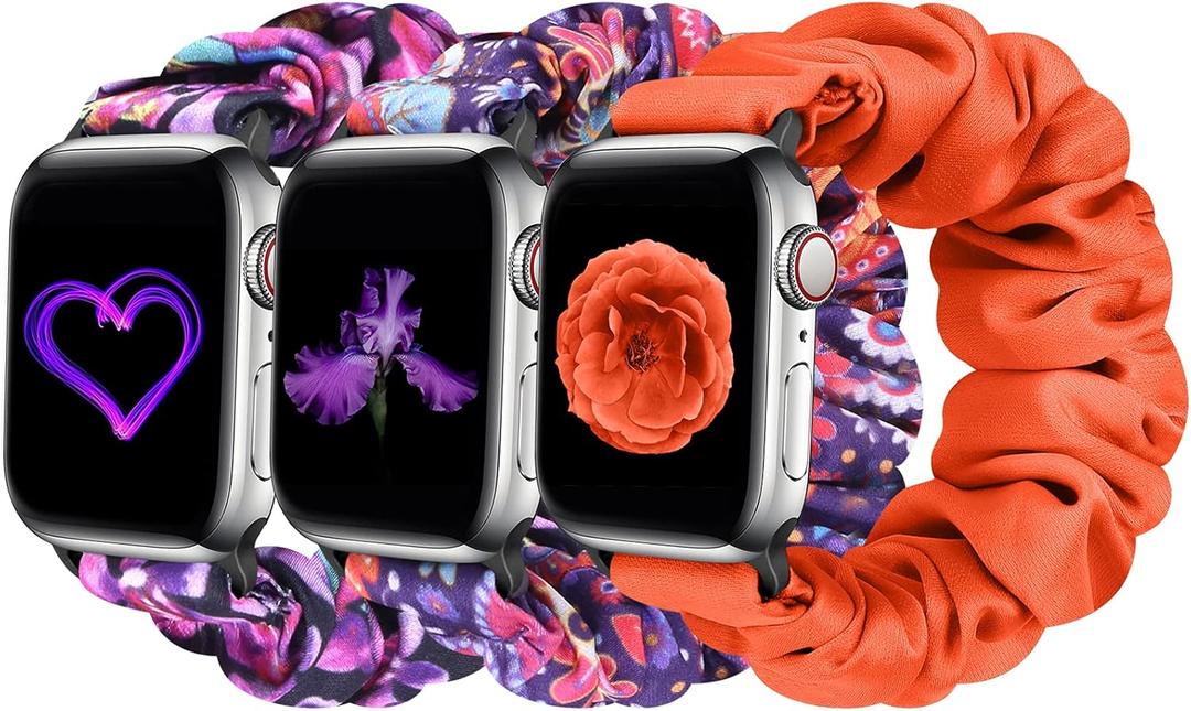 Tiptops 3 Packs Compatible with Apple Watch Bands Scrunchies 38mm-49mm Women Cloth Pattern Printed Fabric Wristbands Straps Elastic for iWatch Ultra 2 Series 10/9/8/7/6/5/4/3/2/1/SE (Butterfly+PurplePrint+Orange)