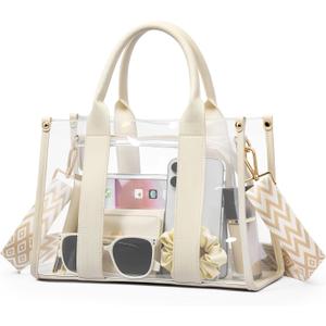 Clear Tote Bags for Women, Clear Bag for Stadium Events with Adjustable Straps, Handbag Purse for Sports Concert Work (Beige)