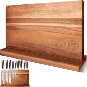 XYJ Extra Large Magnetic Knife Block Acacia Wood Knife Set Holder Stand With Stronge Magnetic Strip Kitchen Knives Storage Rack Organizer Tools No Drilling (15.5*8.7 inch without board, dark wood color)