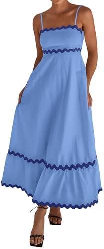 dowerme Women Summer Dresses 2025 Spaghetti Straps Sleeveless Smocked Rickrack Trim Boho Flowy Loose A-Line Midi Dress S