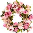 Lvydec Artificial Peony Flower Wreath - 15" Pink Flower Door Wreath with Green Leaves for Spring, Easter, Valentine's Day