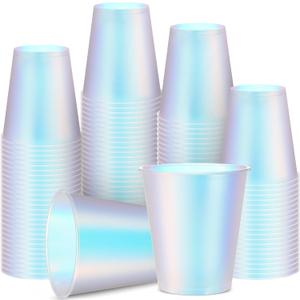 100 Pcs Iridescent Plastic Cups Rainbow Disposable Cups Holographic Party Clear Glitter Shiny Plastic Tumblers for Wedding Birthday Bachelorette Mermaid Party (Matte,12 oz)