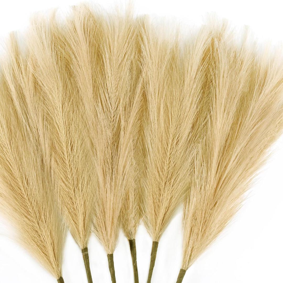 6 PCS Faux Pampas Grass Arrangement - 18"/45cm Artificial Fluffy Pompous Grass Stems for Boho Chic Home and Wedding Decor (Khaki)