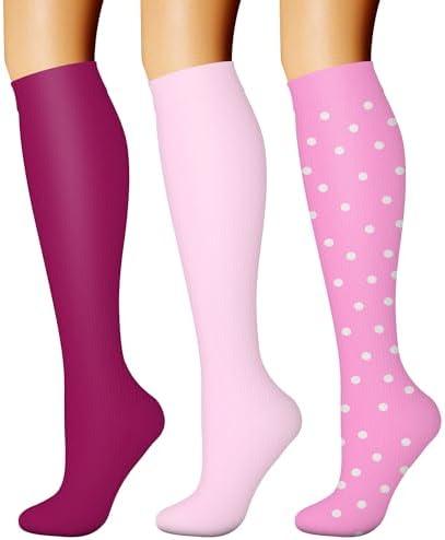CHARMKING Compression Socks for Women & Men Circulation (3 Pairs) 15-20 mmHg is Best Support for Athletic Running Cycling Purple Pink Pink