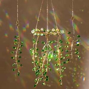 2 Pcs Crystal Suncatchers for Window Boho Decor Hanging Sun Catcher Making Rainbow Green Plants Artificial Crystal Prisms Wind Chime with Chain for Garden Home Wedding Ornament Gift