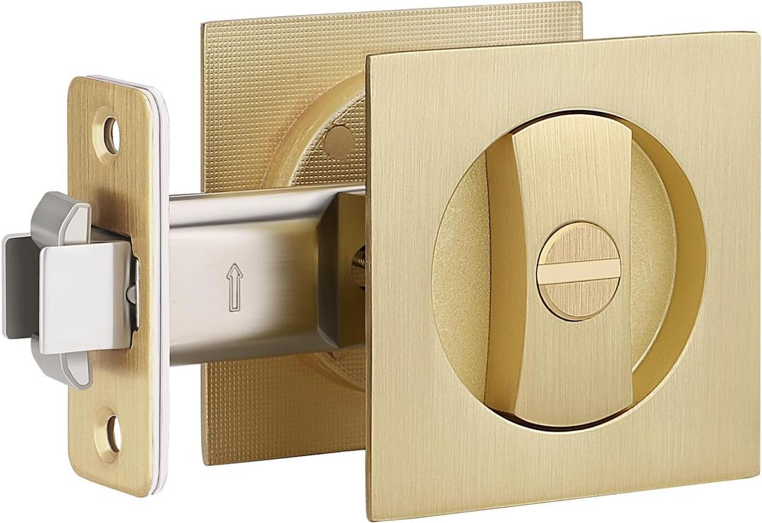 EHOMEWARE 1 Pack Pocket Door Hardware, Pocket Door Handles Gold, Keyless Privacy Door Lock, Pocket Door Lock for Interior Doors, Satin Brass Finish, Reversible for Left/Right Sided Doors