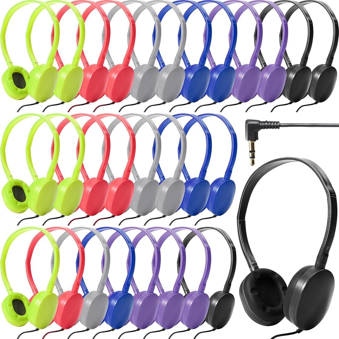 Kanayu 30 Pack Wired Headphones, Adjustable On Ear Headphones, Kids Headphones with Stereo, Children Headphones Earbuds for Kids, Boys, Girls, Schools, Laptop, Travel, Plane, Tablet (Bright Colors)