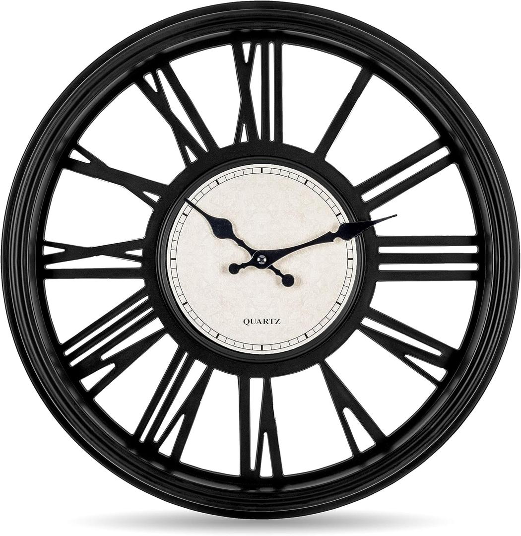 Bernhard Products Decorative Wall Clock 18 Inch Silent Non Ticking Extra Large Quartz Battery Operated Black Roman Numerals for Kitchen, Office, Living/Dining Room & Over Fireplace, Wedding Gift