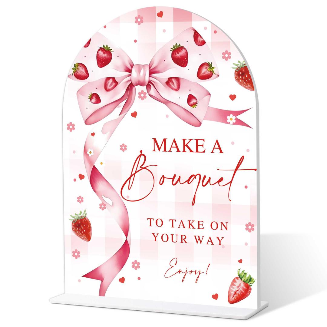 2 x Strawberry Bow Make A Bouquet Sign, Bridal Shower Sign Welcome, Wedding Reception Decor, Bridal Shower Centerpieces for Tables, Engagement Decor, Flower Bar Supplies, 6" X 8" Wedding Acrylic Plaque, 2