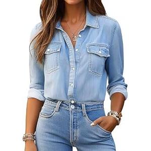 Denim Shirt Women Button Down Long Sleeve Jean Blouse Western Shirts Collared Chambray Casual Denim Tops Light Blue L