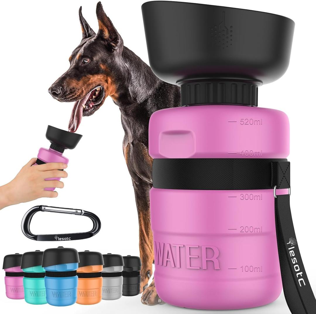 Lesotc Dog Water Bottle, Portable Pet Dispenser with Water Bowl, Leak Proof Pet Travel Squeeze Bottle, Puppy Essentials Dog Stuff Accessories for Outdoor Walking, Hiking, Camping (18 Ounces, Pink)